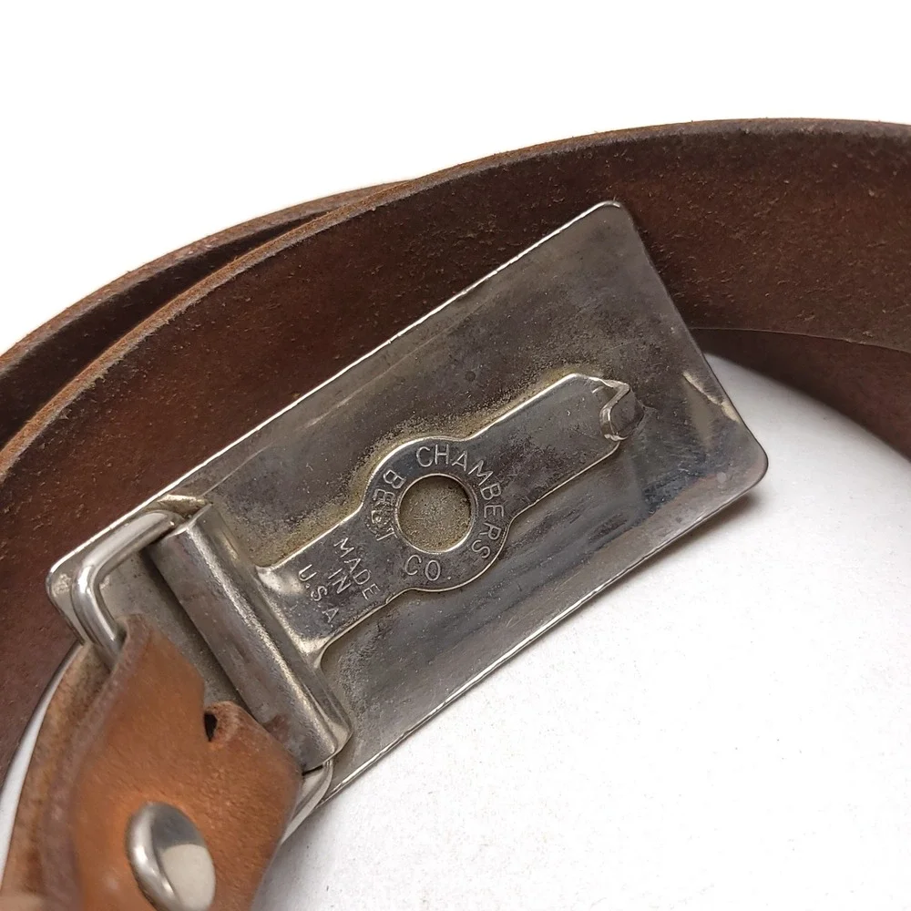 Vintage Covered Wagon Tooled Leather Belt 38 Brown Roadrunner Buckle 1in Wide